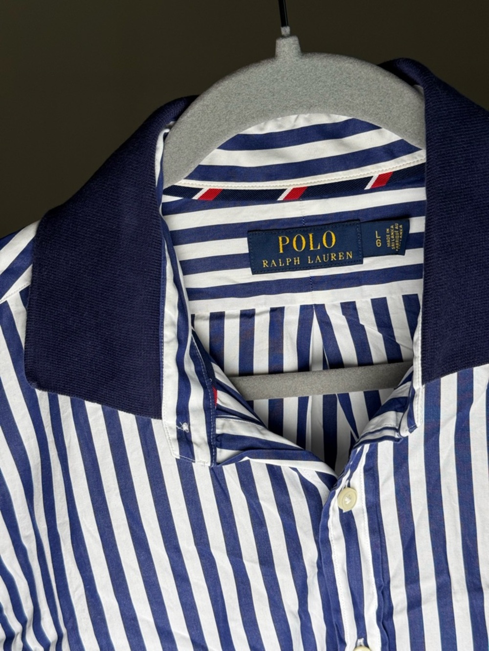 Polo by Ralph Lauren Navy & White Striped Shirt with Solid Navy Collar - Picture 3 of 4